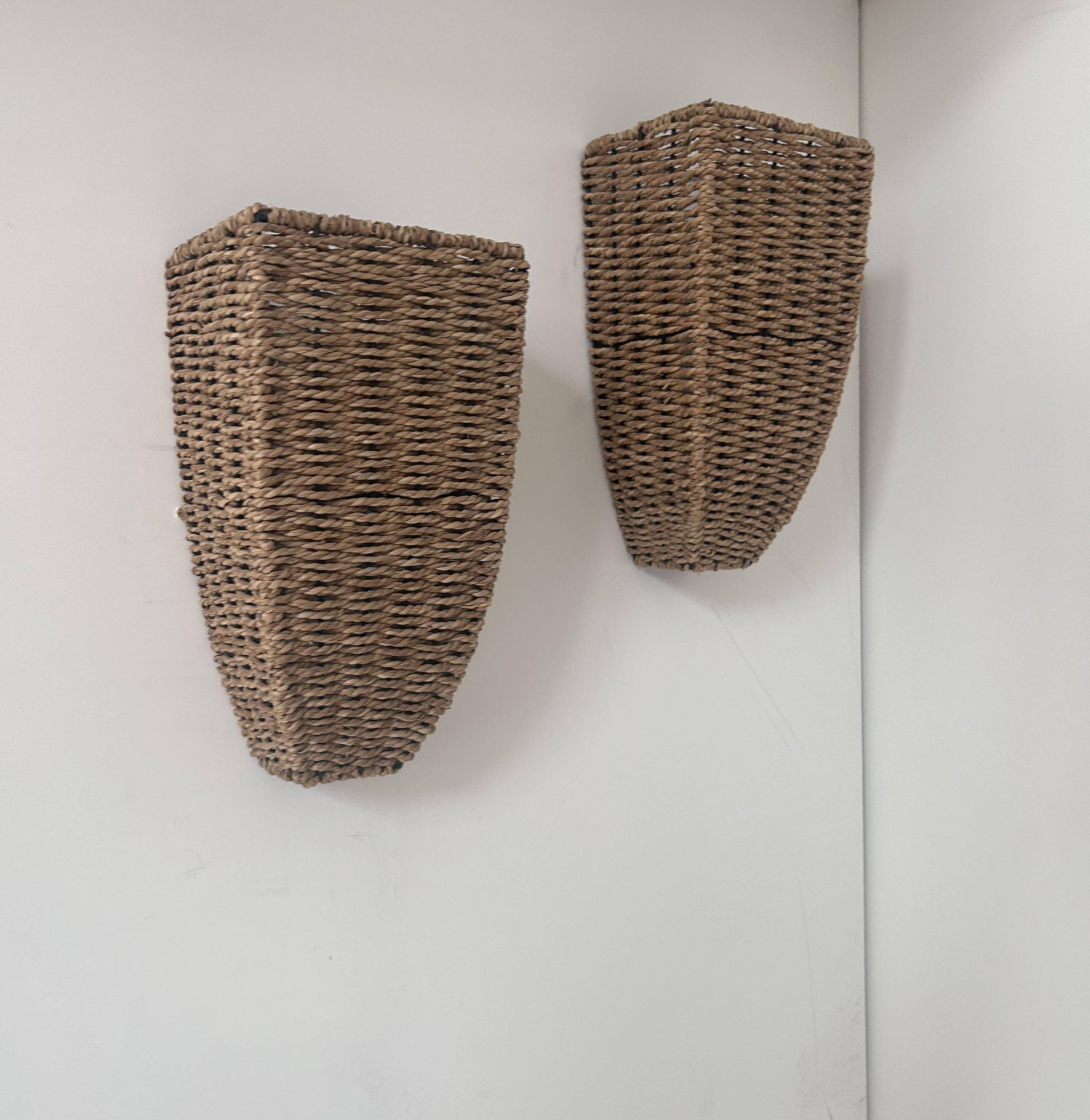 Pair of vintage wall lights, woven rattan, France 1980