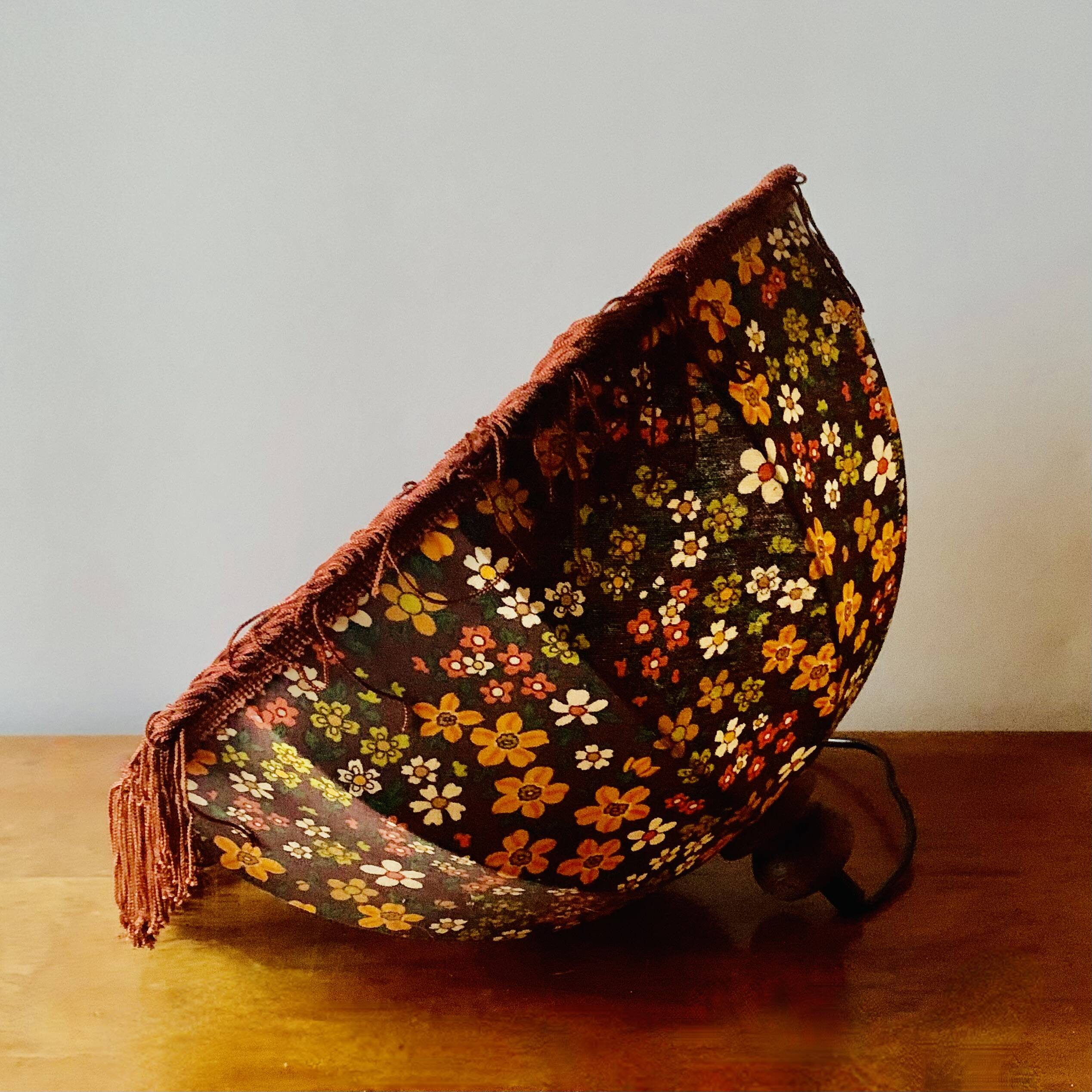 Vintage fringed pendant light in floral fabric - 1970s