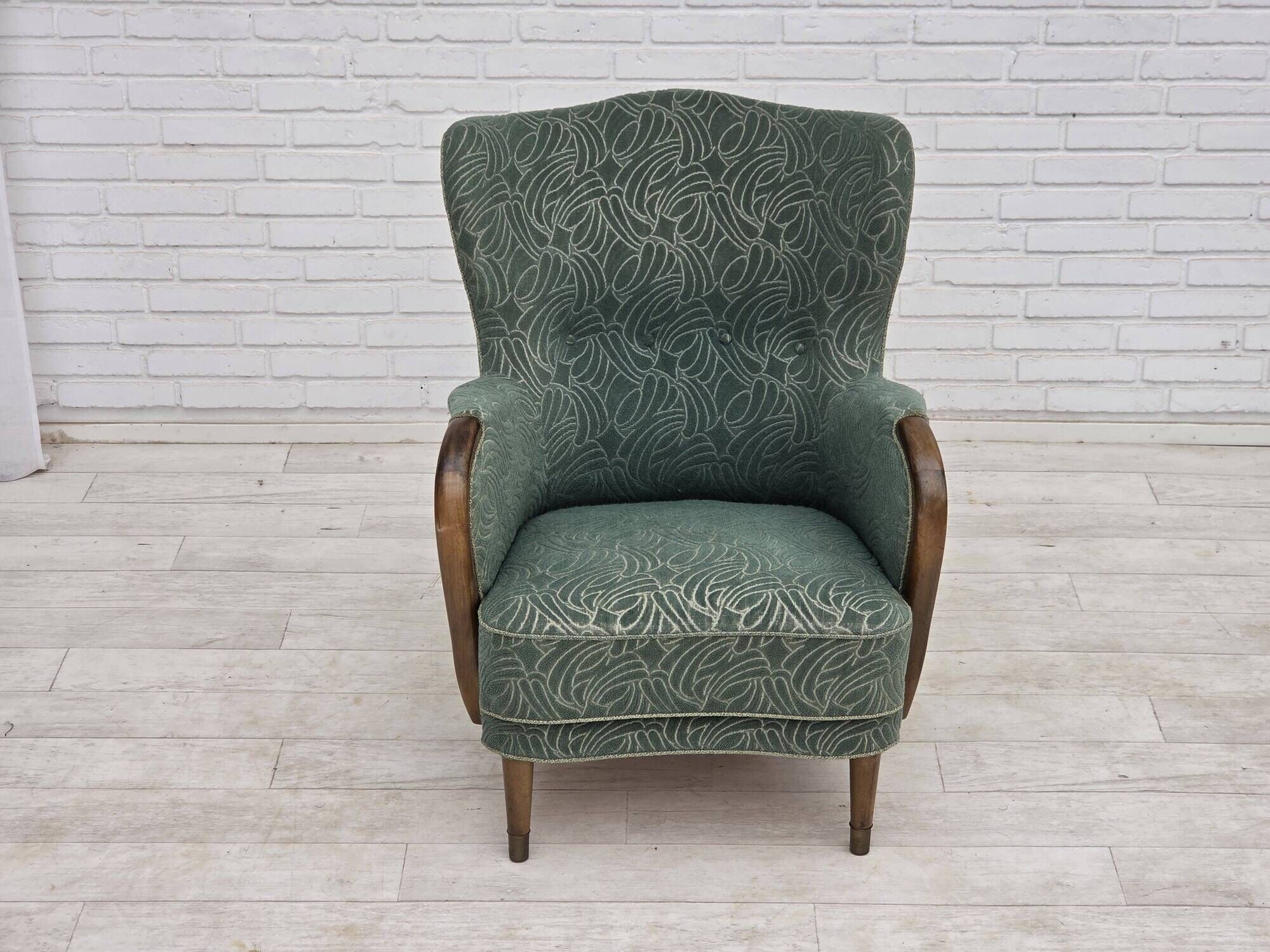 1960s, Danish armchair, green furniture velour, beech wood.