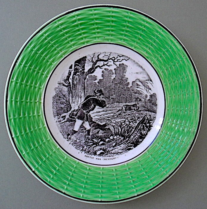 Old plate captioned "Battered with deer", Digoin-&-Sarreguemines