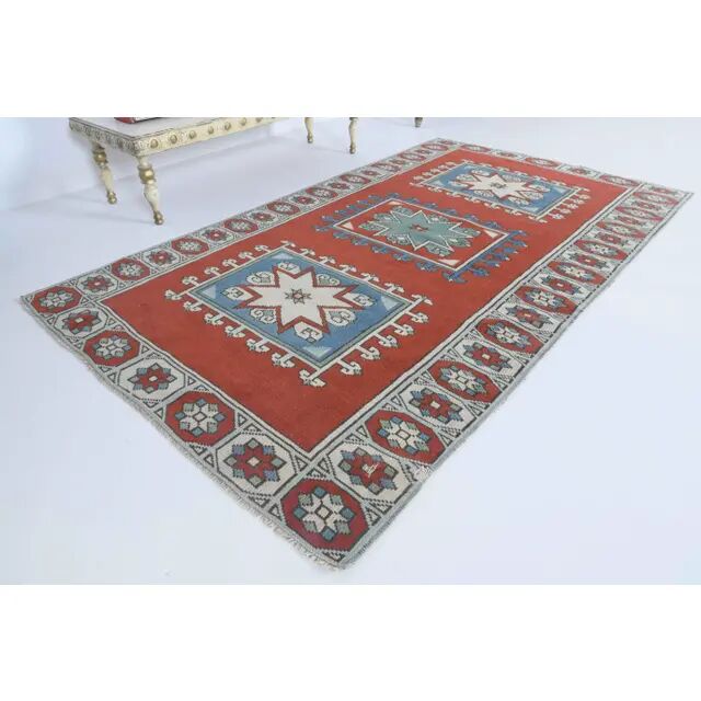 Vintage Turkish Hand-Knotted Wool Cotton Red Runner 110x193