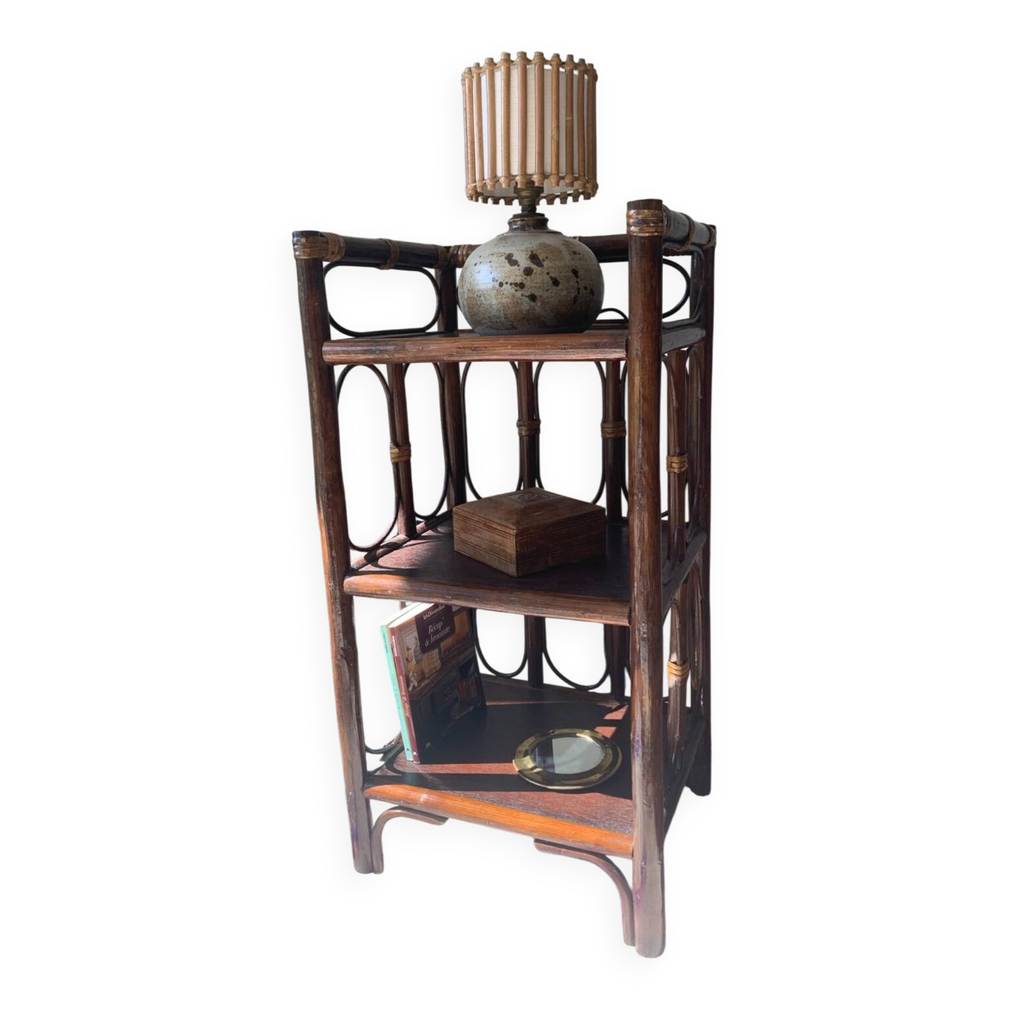 Vintage wooden and rattan side table