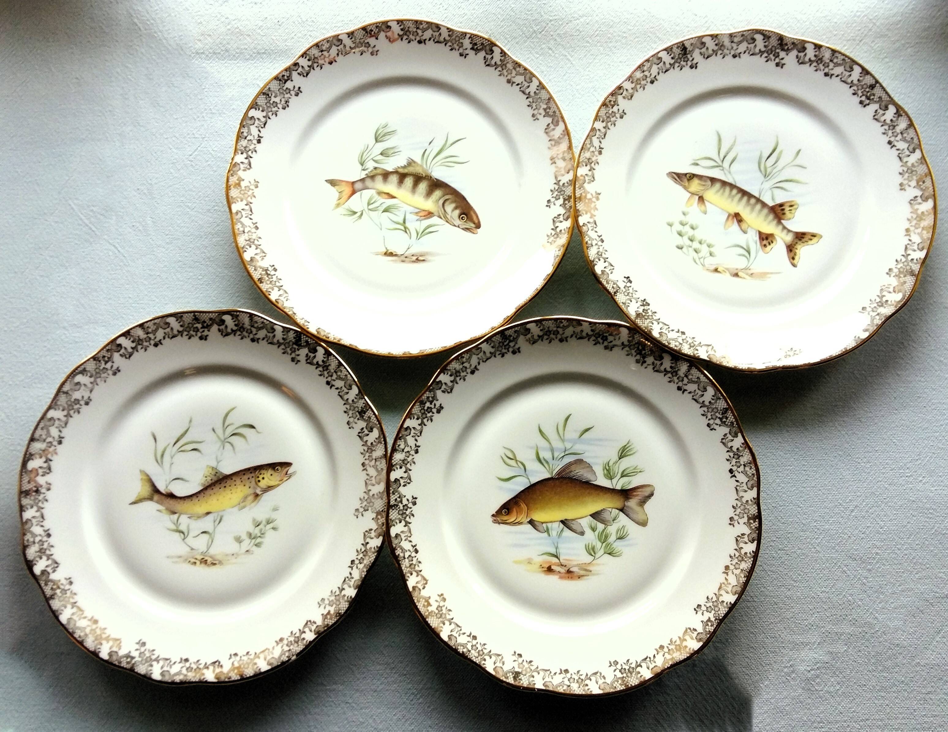 Set of four fish plates. vintage french fish plate set.