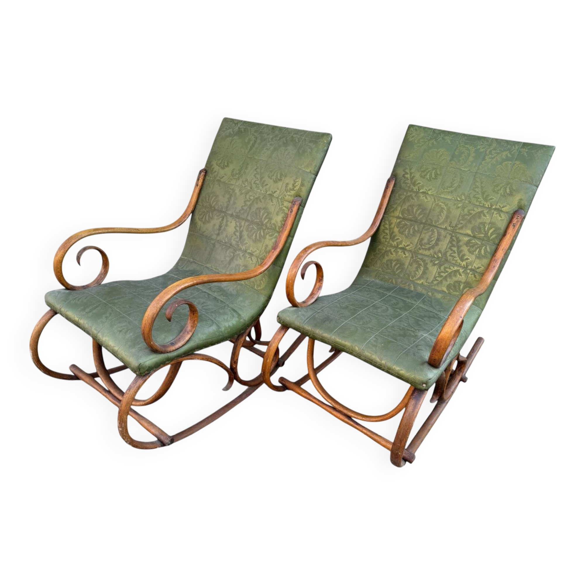 Set of 2 thonet style rocking chairs in green leatherette