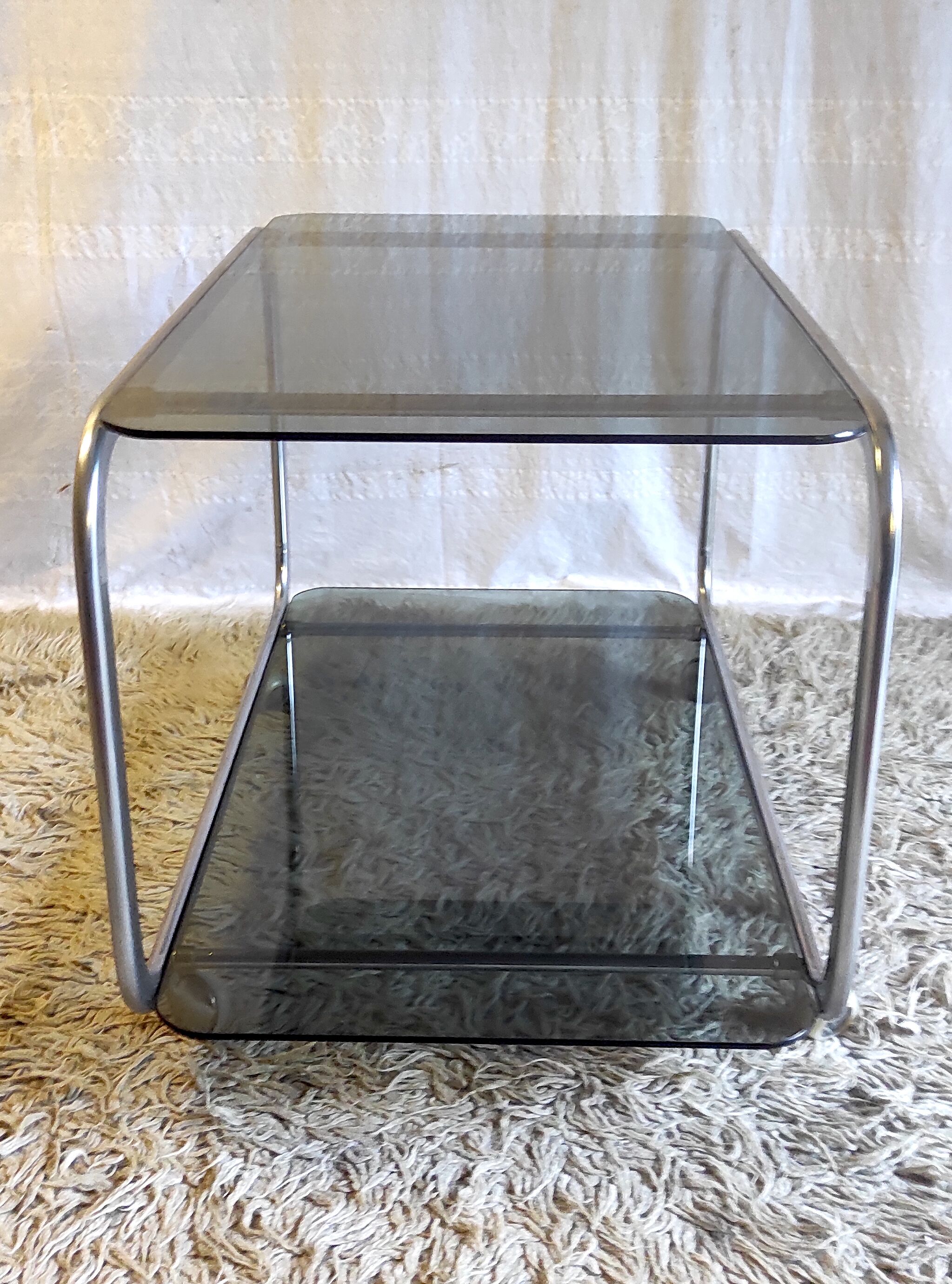 Side table in chromed metal and smoked glass, 60s-70s