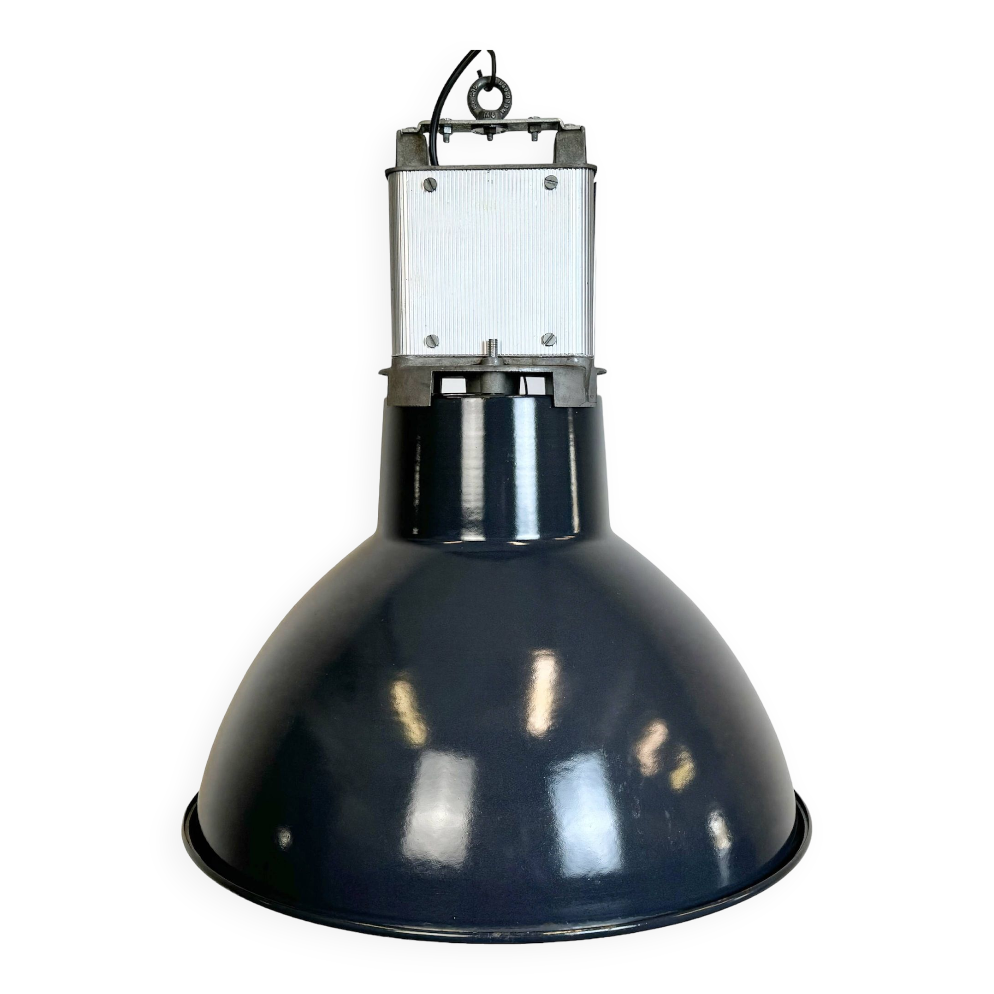 Industrial french dark blue enamel pendant lamp from mazda, 1960s