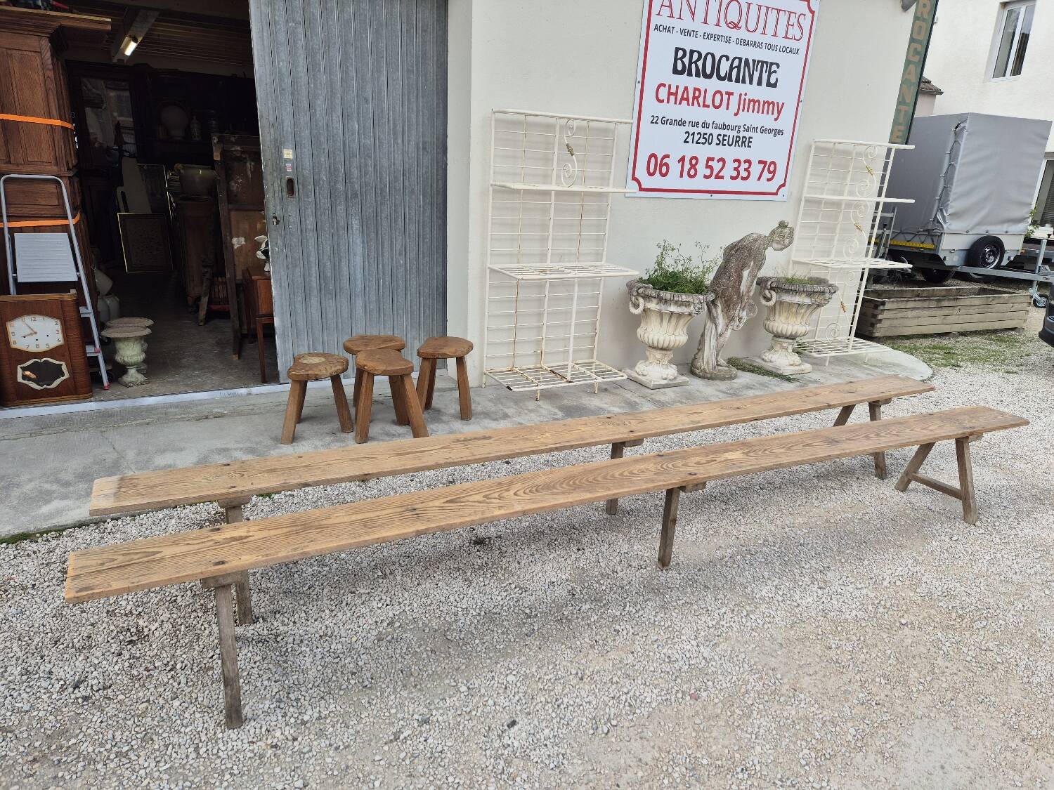 Pair of rustic oak and fir farmhouse benches 1900s - 3m85