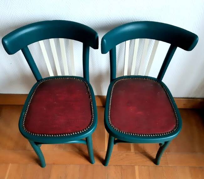 Pair of vintage emerald green bistro wooden chairs
