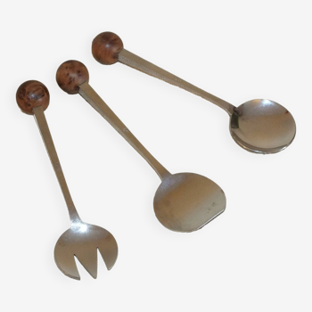 3 condiment cutlery 1970 Eloi Pernet stainless steel and wood