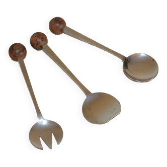 3 condiment cutlery 1970 Eloi Pernet stainless steel and wood