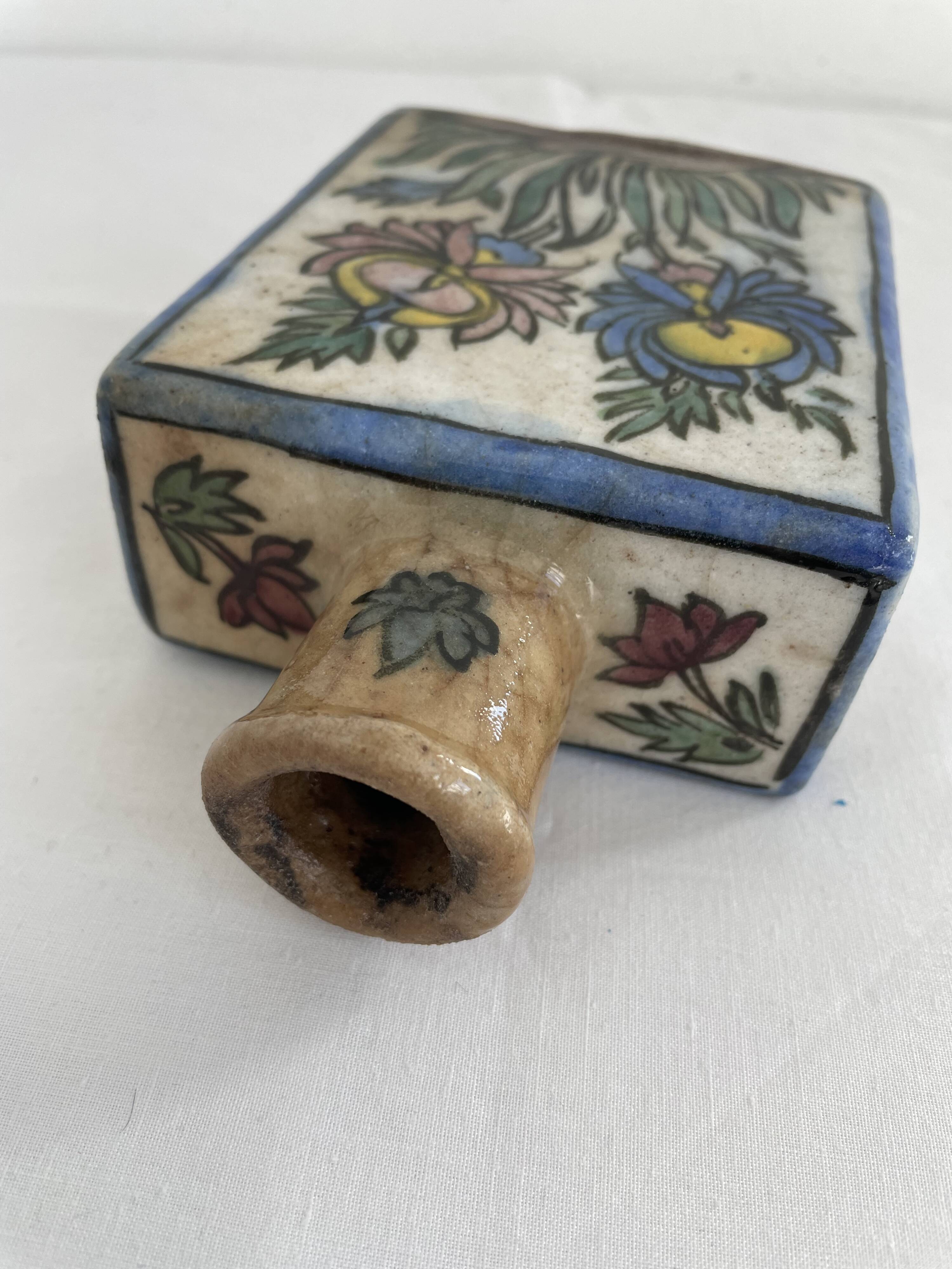 Persian bottle, antique vase with polychrome flower decoration, Kagjar style, antique ceramic