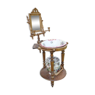 Old round pine vanity unit with mirror and candlesticks 1860-1900