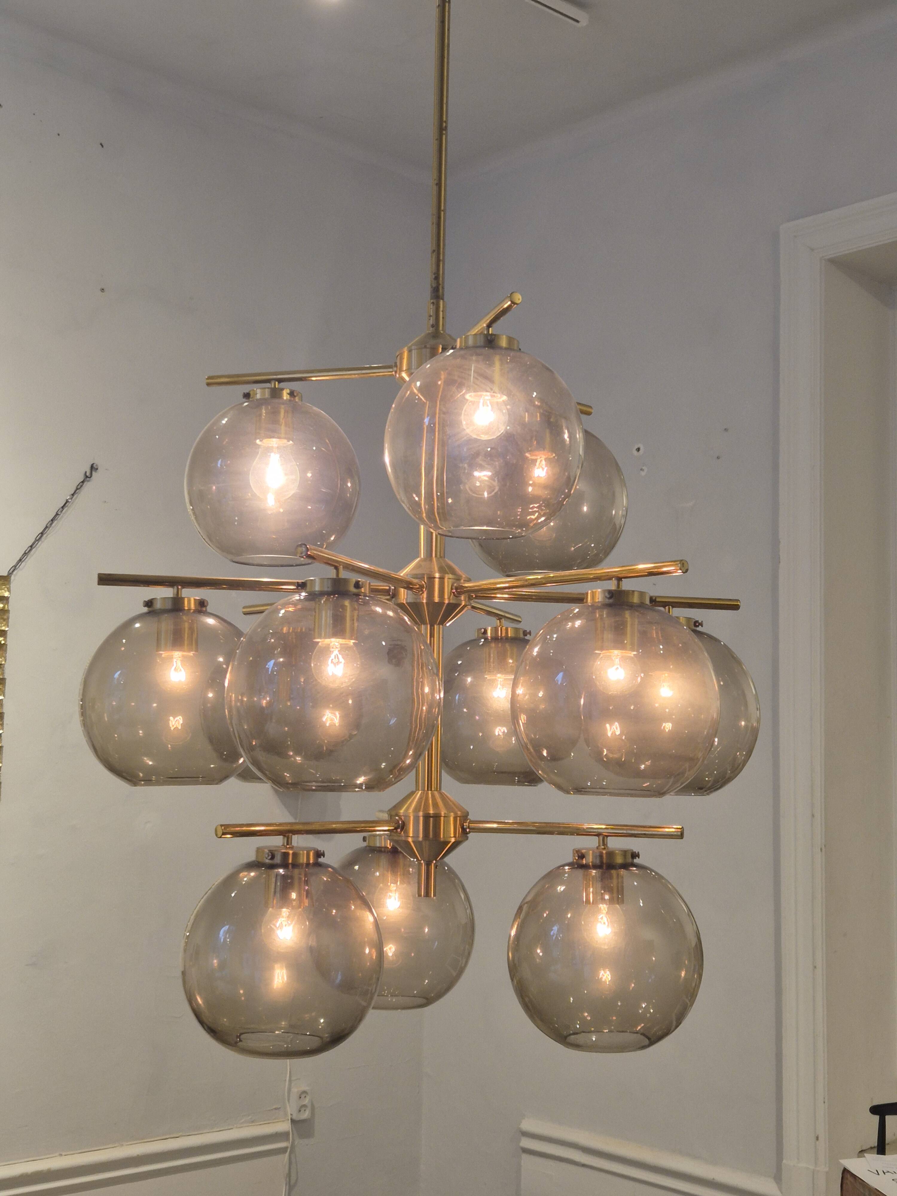 Holger Johansson, brass and grey glass chandelier, The Modern Scandinavian