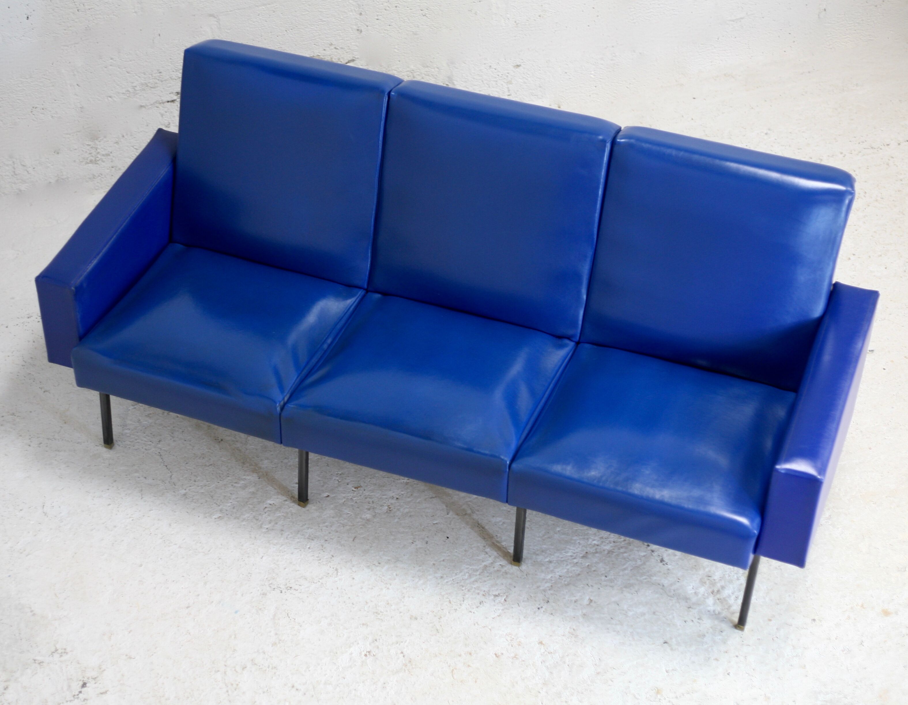 Sofa imitation leather blue and steel, 3 seats, France, circa 1960