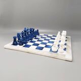 1970s Blue and White Chess Set in Volterra Alabaster Handmade. Made