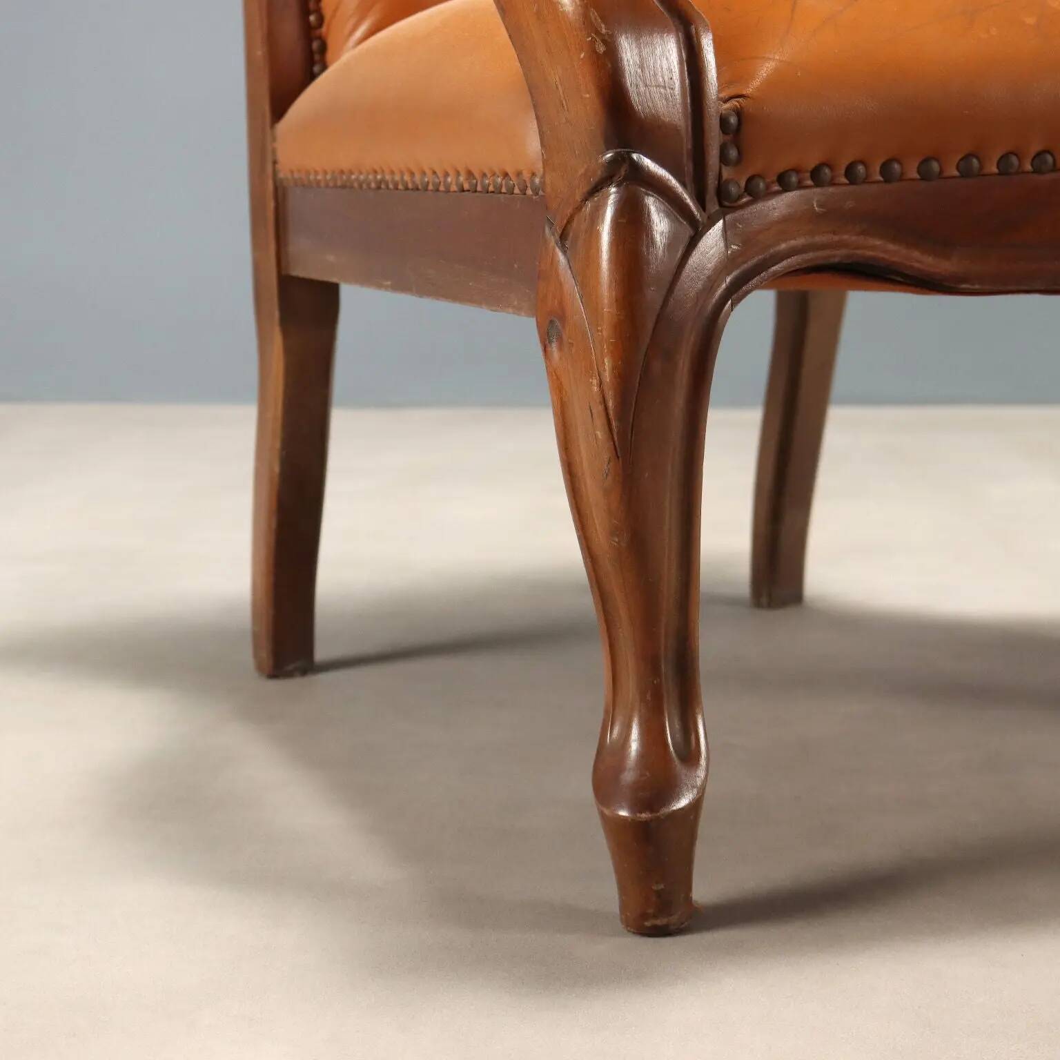 Antique walnut and leather armchairs, Italy, 20th century
