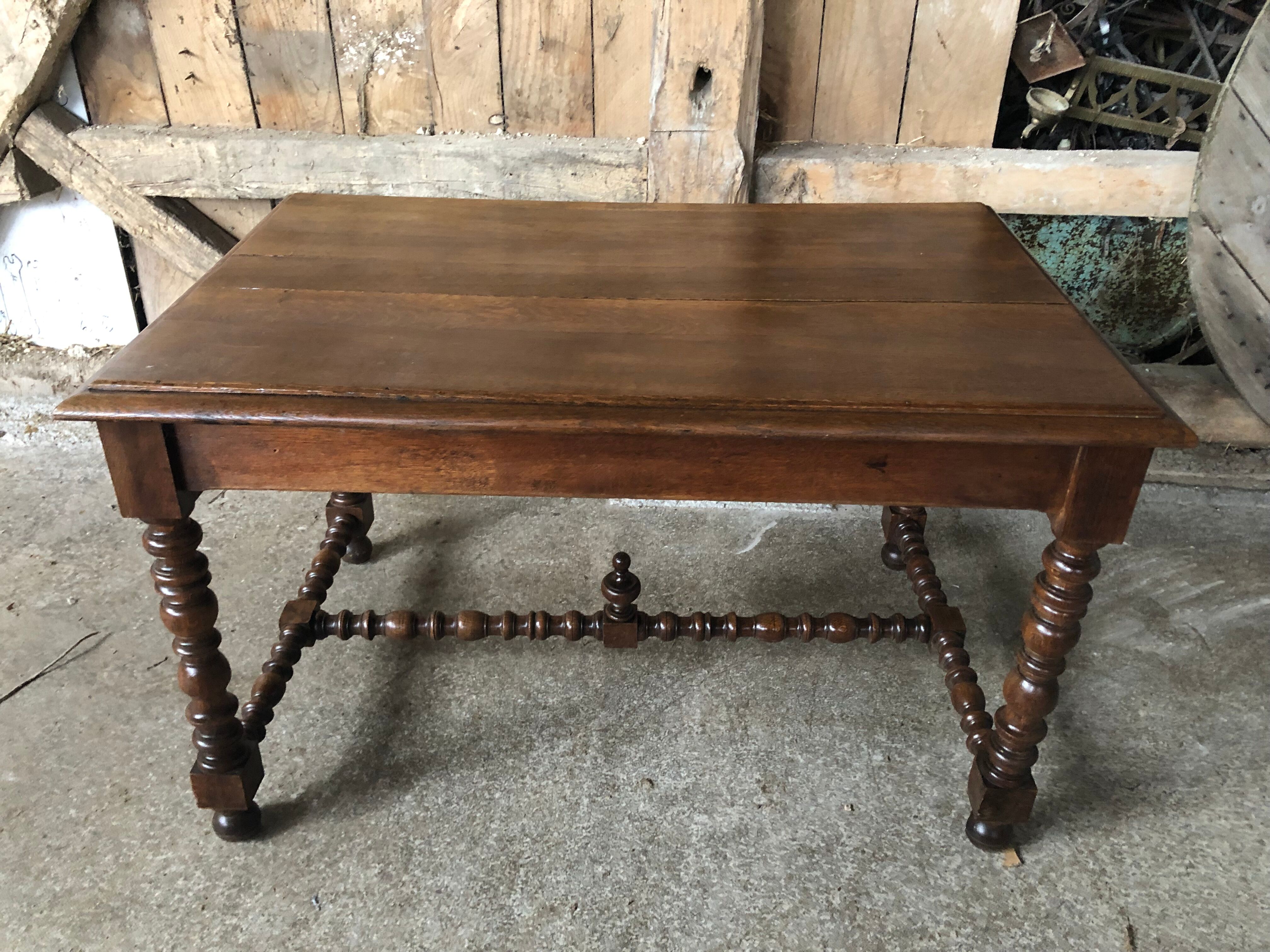 Old desk style henri ii table + drawer wood turned vintage