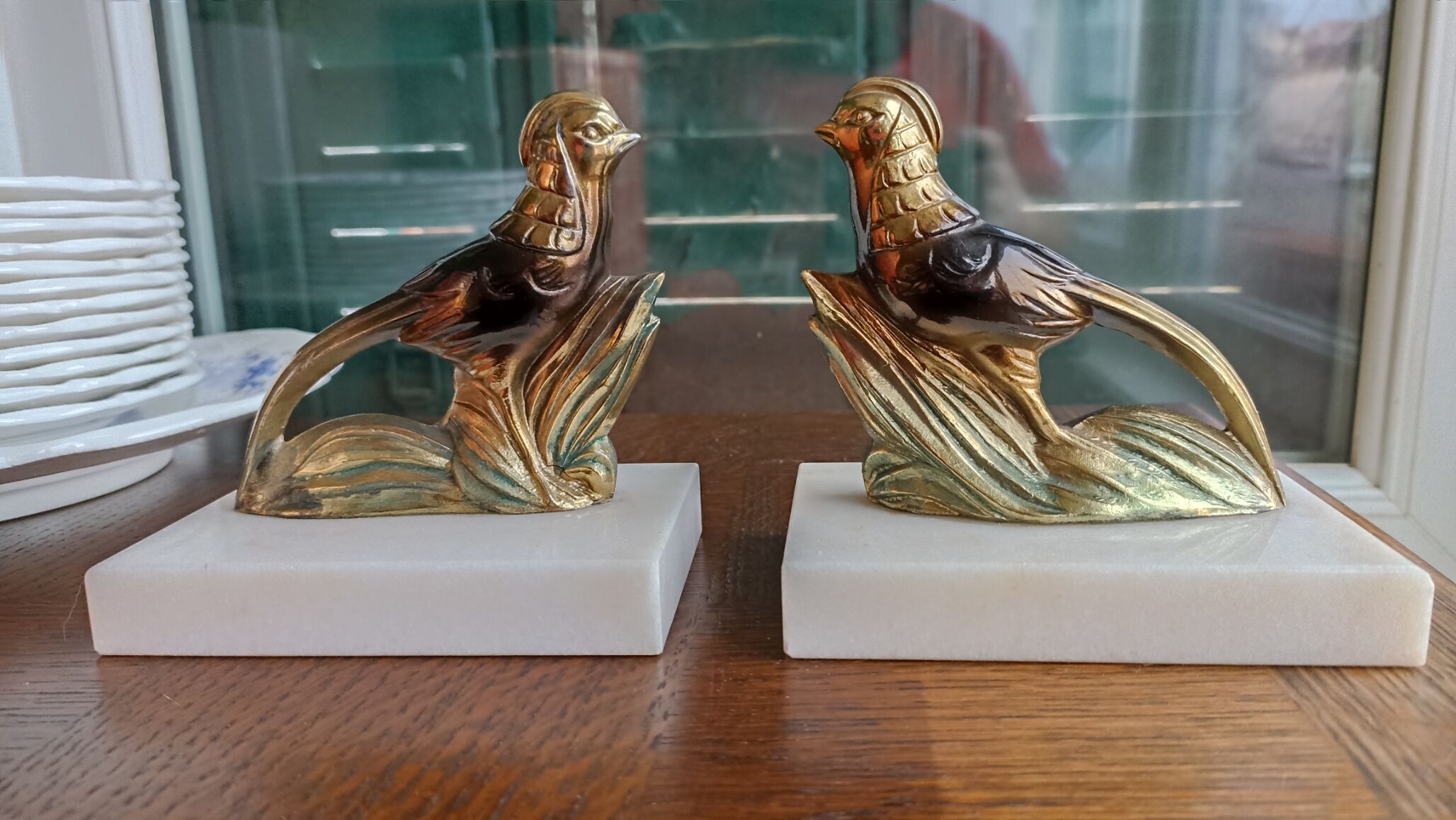 Marble and zinc art bookends - Pheasants