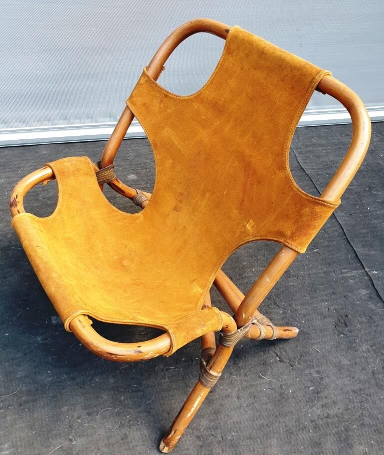 Armchair 1960 bamboo and suede leather