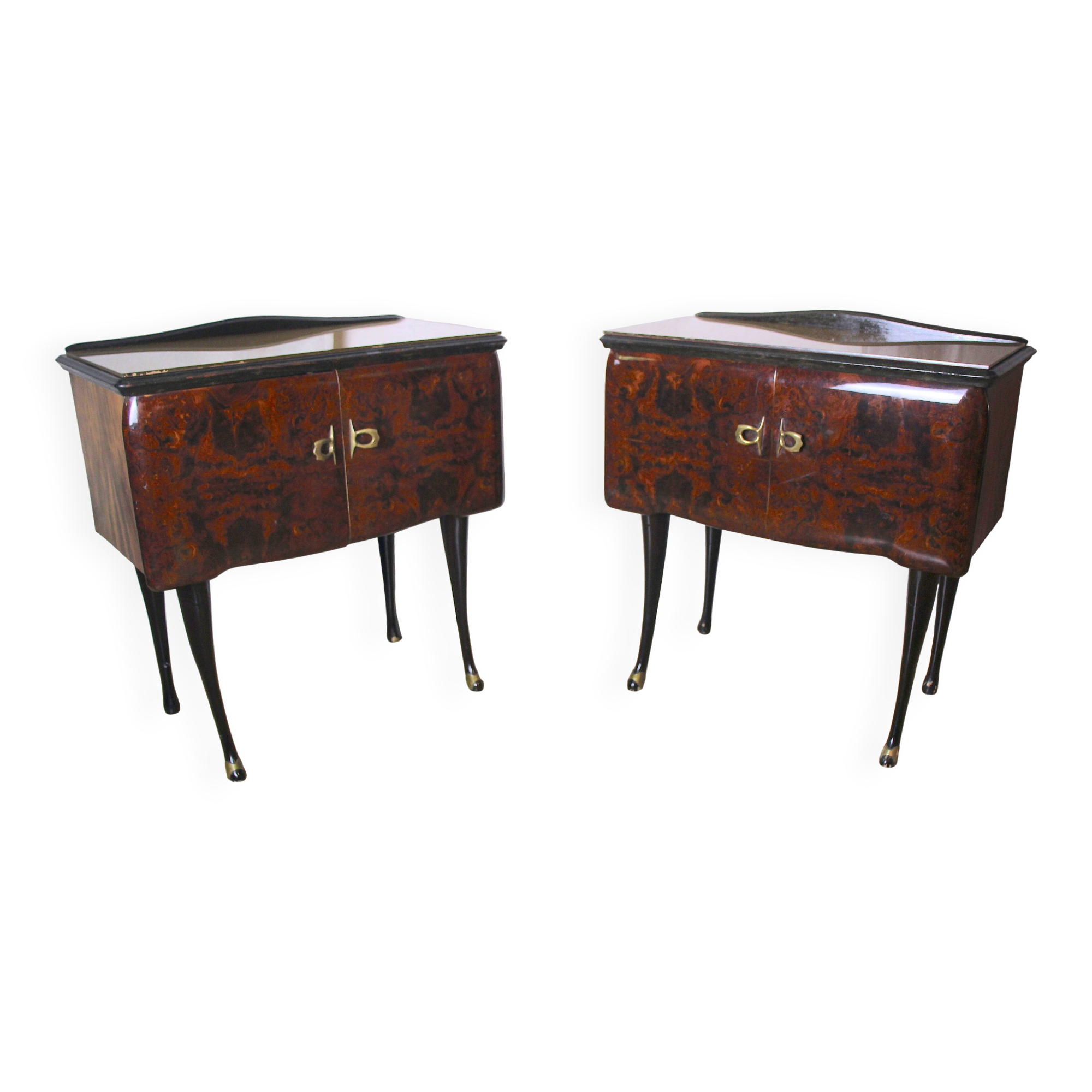 Pair of bedside tables, rosewood and burl walnut, Italy 1950