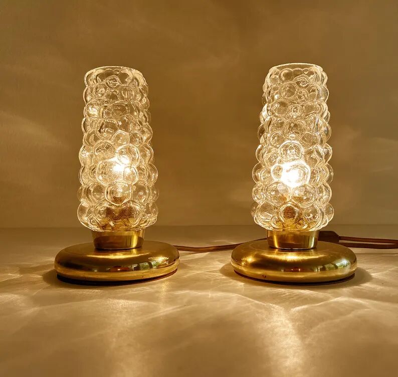 Pair Vintage Bubble Glass Table Lamps, Bedside, Brass