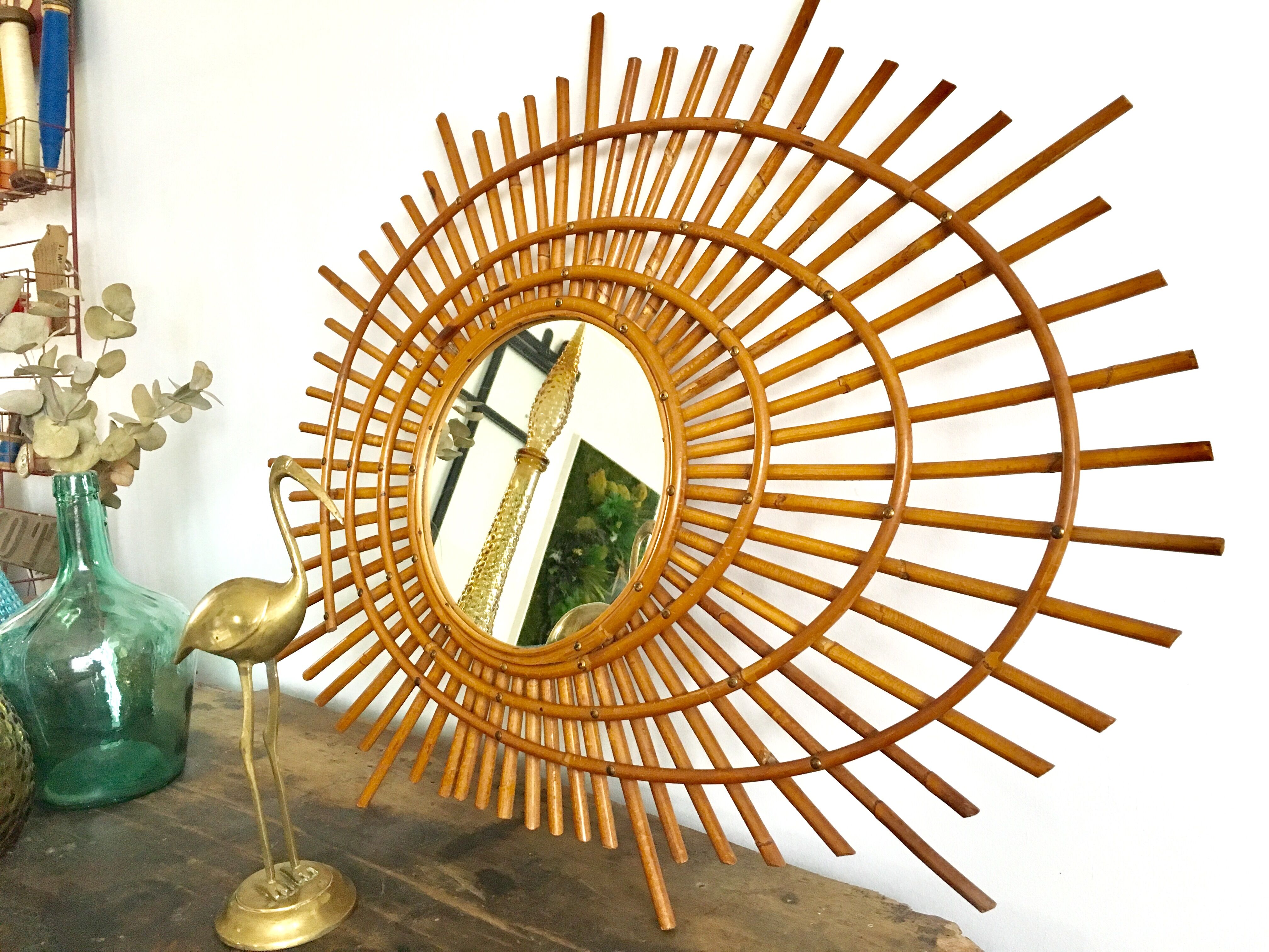 Sun mirror in rattan made in 1960