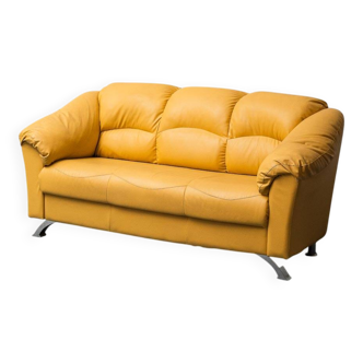 Vintage yellow leather sofa with metal legs from the 1990s