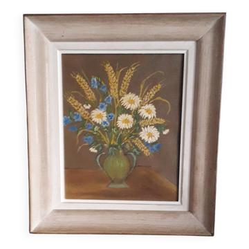 Tableau ancien à l'huile représentant un bouquet de fleurs
