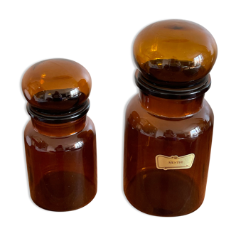 Duo of amber glass pots