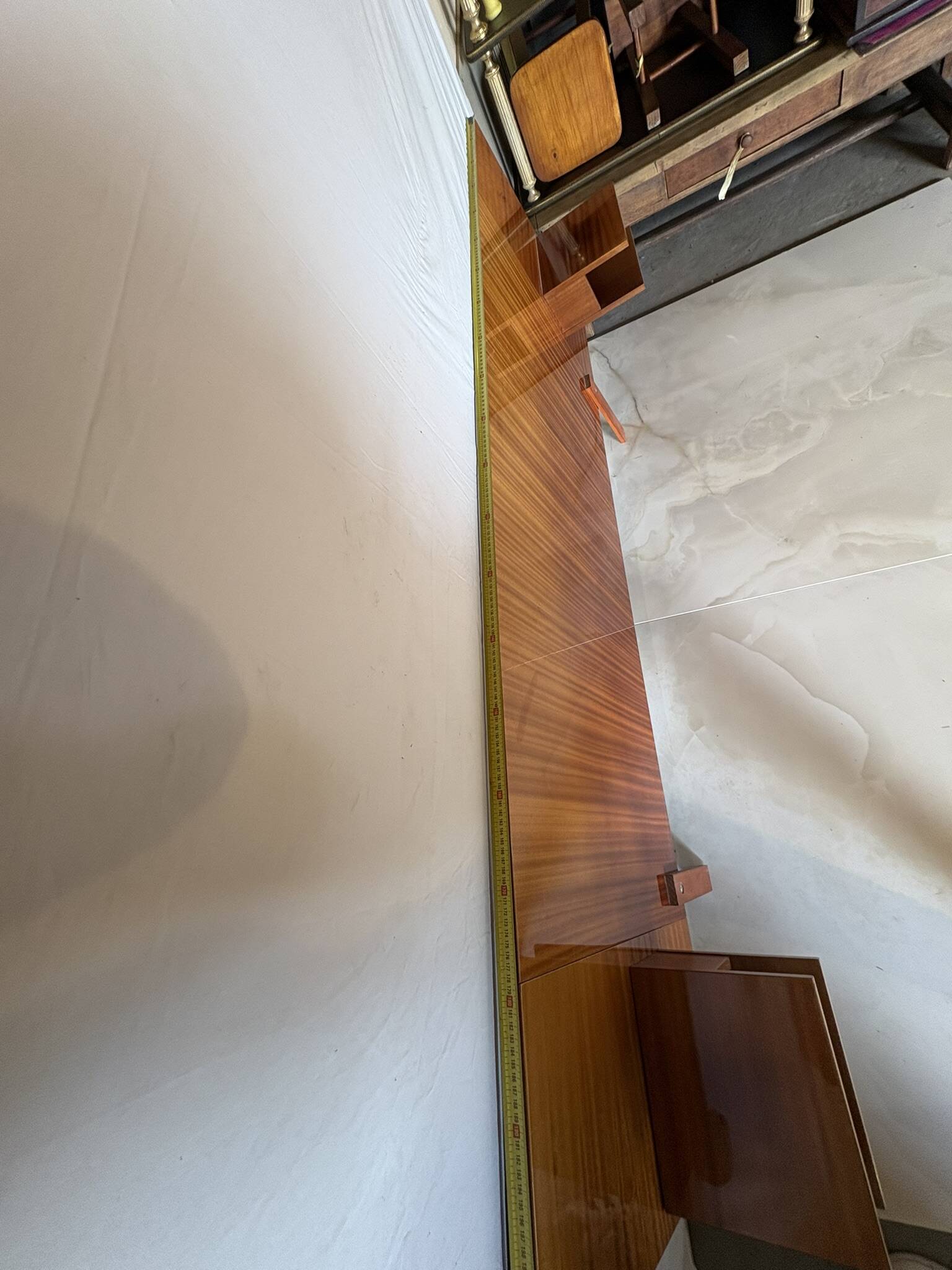 Varnished mahogany headboard, integrated bedside tables, 1960s