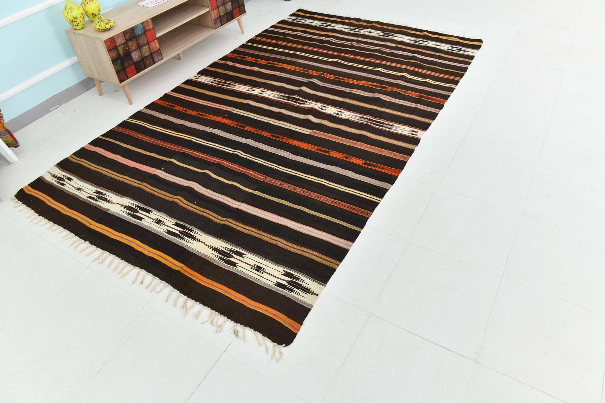 6x10 Dark Brown & Orange Strped Vintage Kilim Rug, 181x305Cm