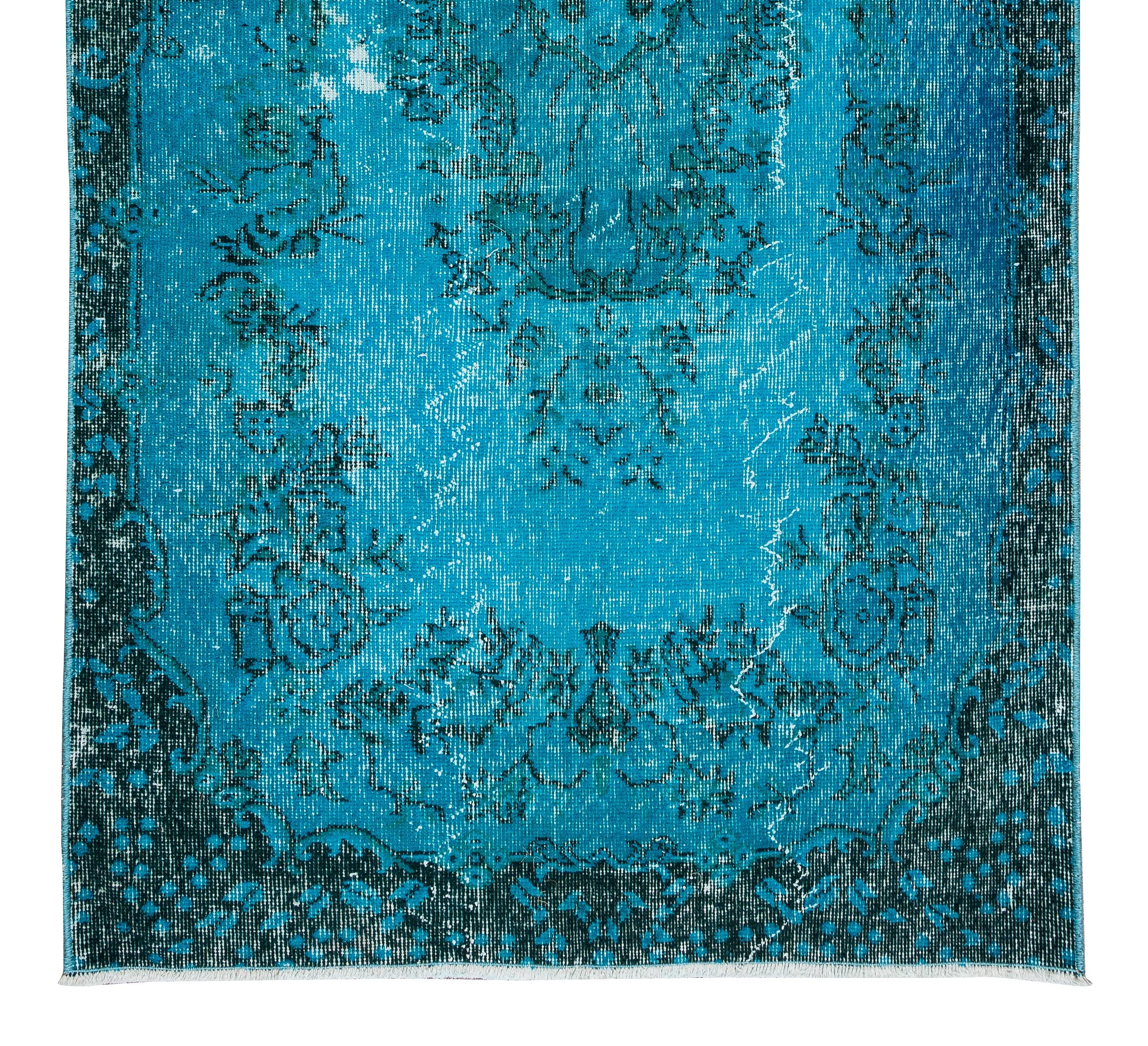 3.7x6.9 ft handmade vintage turkish rug redyed in teal, ideal 4 modern interiors