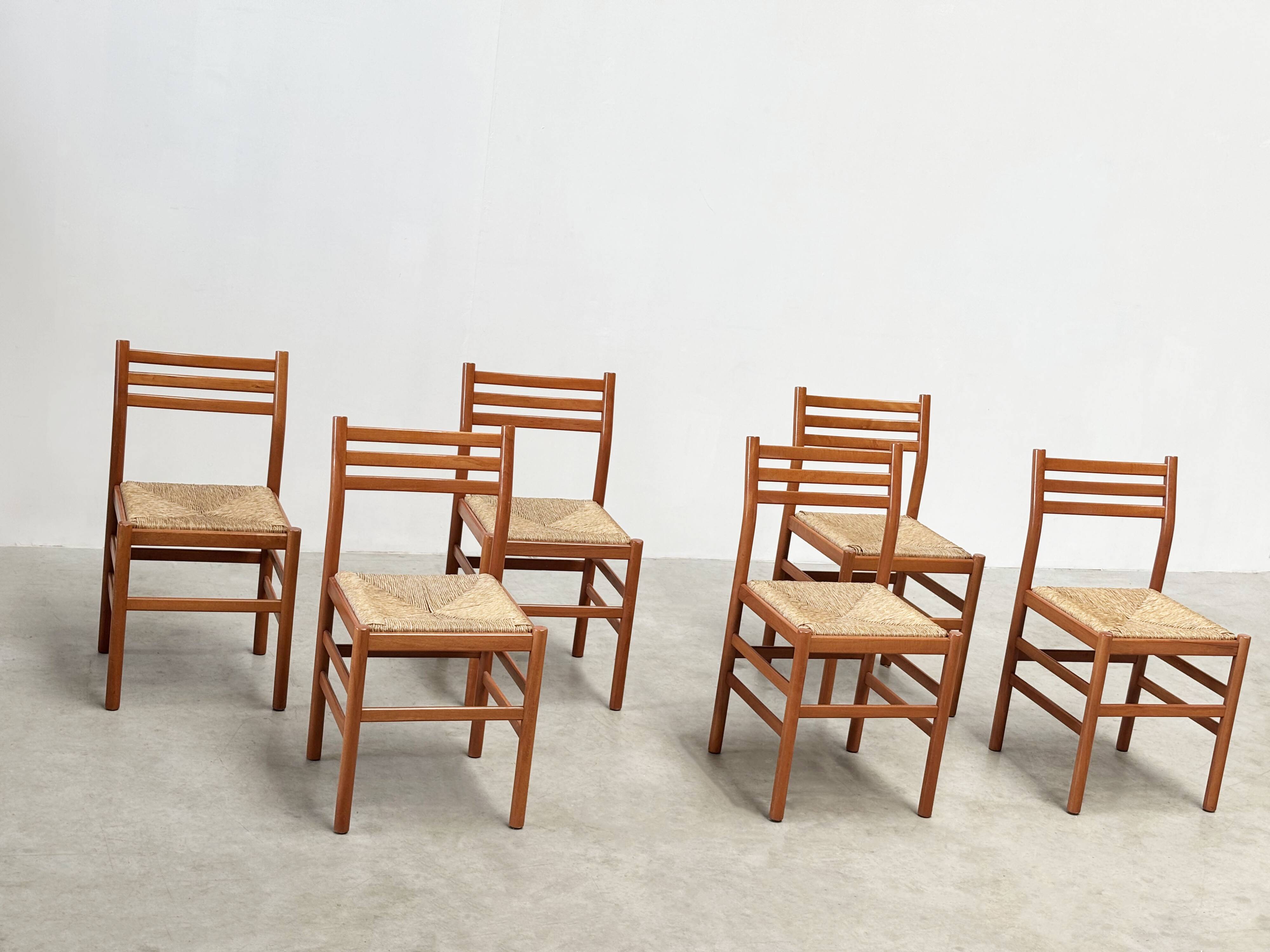Set of six walnut and rattan dining chairs