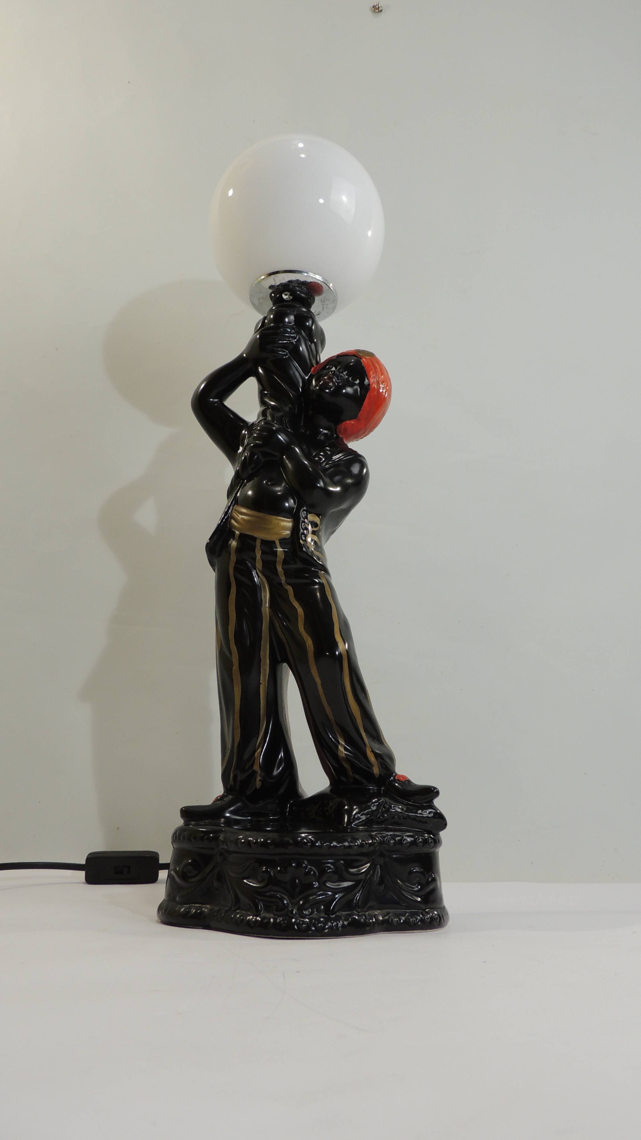 Vintage 1970s statue lamp – Black figurine in Art Deco style, opal ball.