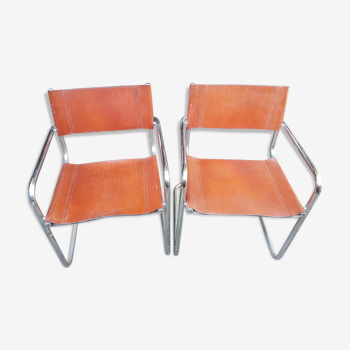 Pair of tubular steel and leather chairs