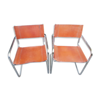 Pair of tubular steel and leather chairs
