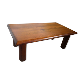 Table basse bois massif pieds cylindriques brutaliste vintage