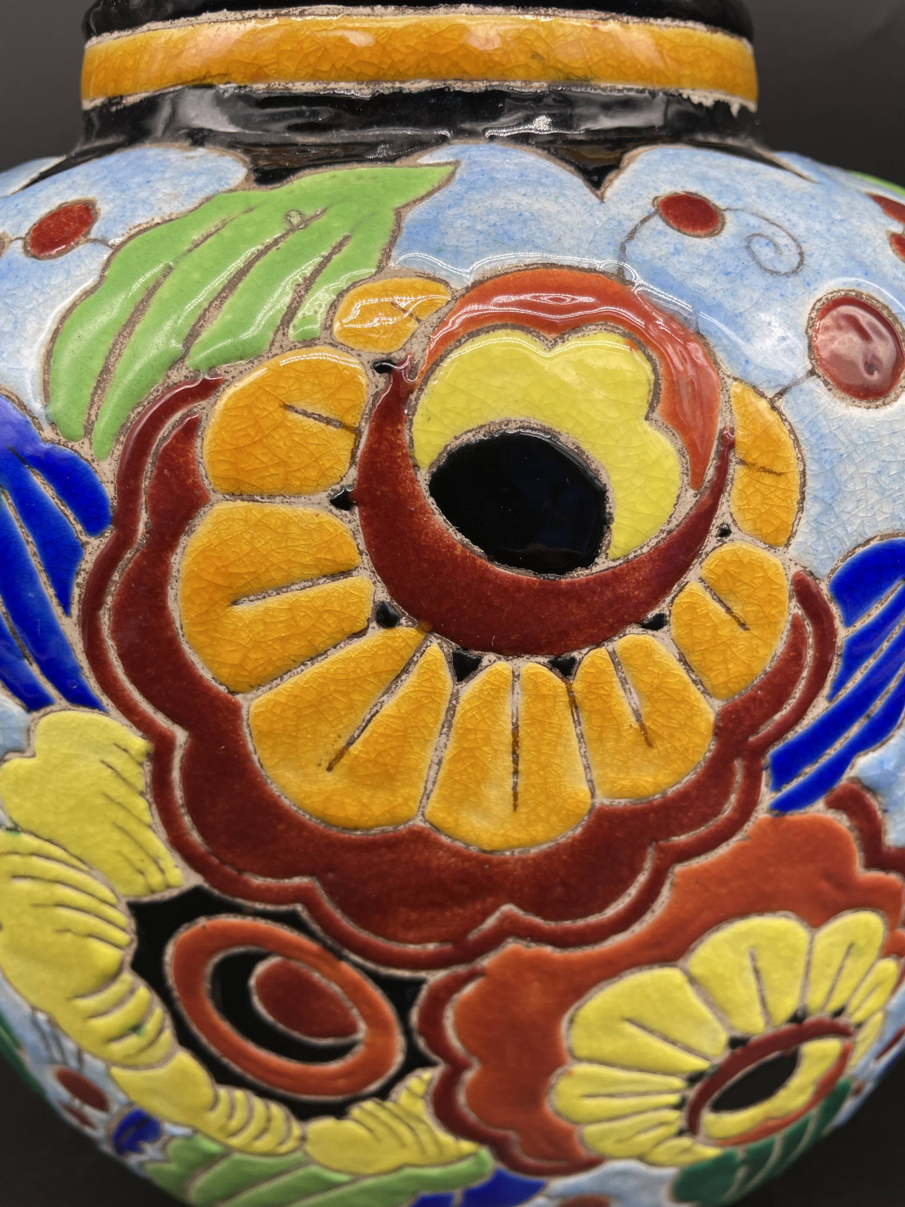 Ovoid vase, charles catteau, keramis, art deco period, fine earthenware, floral enamel decoration, vase col