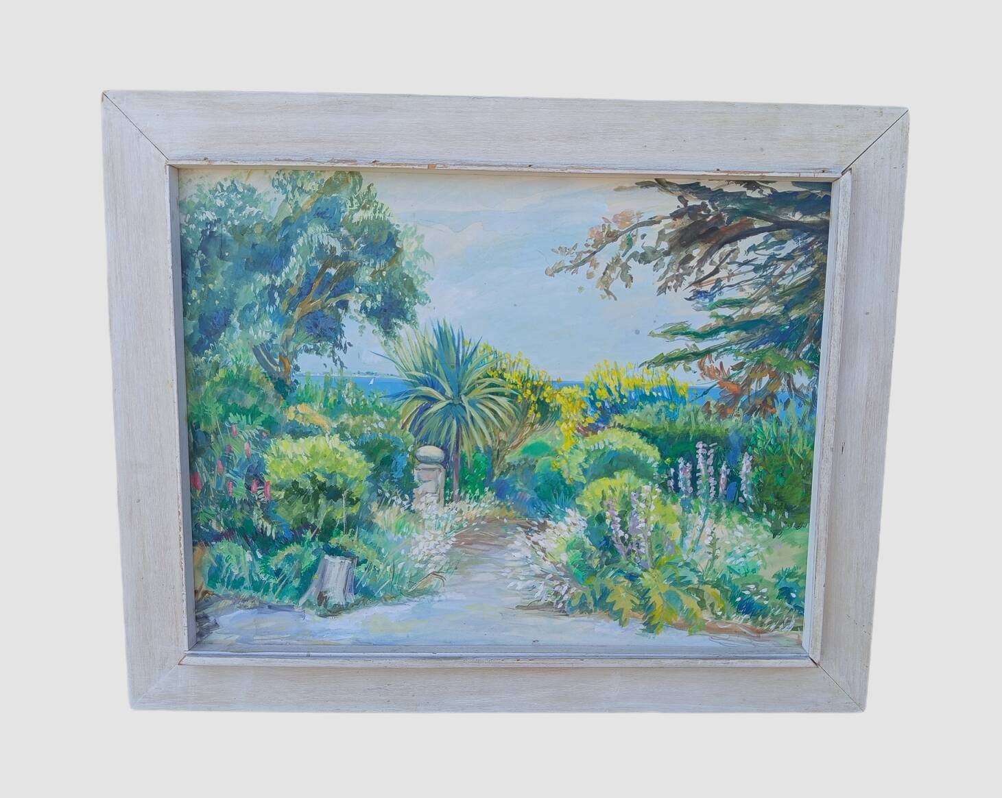 Mediterranean Garden – Original signed painting, bright landscape with a view
