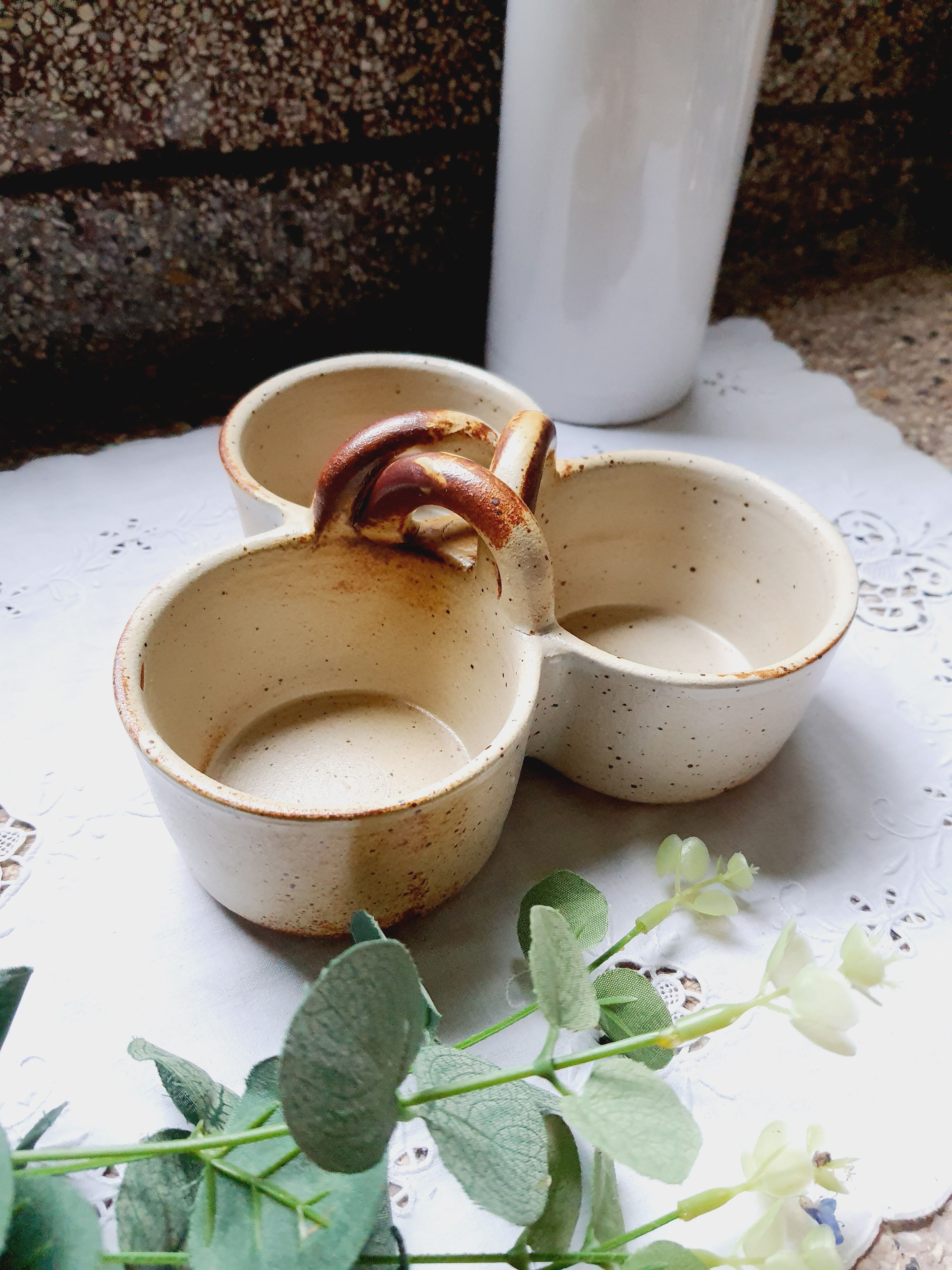 Triple appetizer dish in vintage sandstone