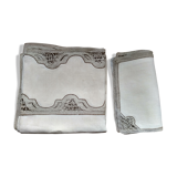 Old square tablecloth in bis mixed linen and 6 matching placemats