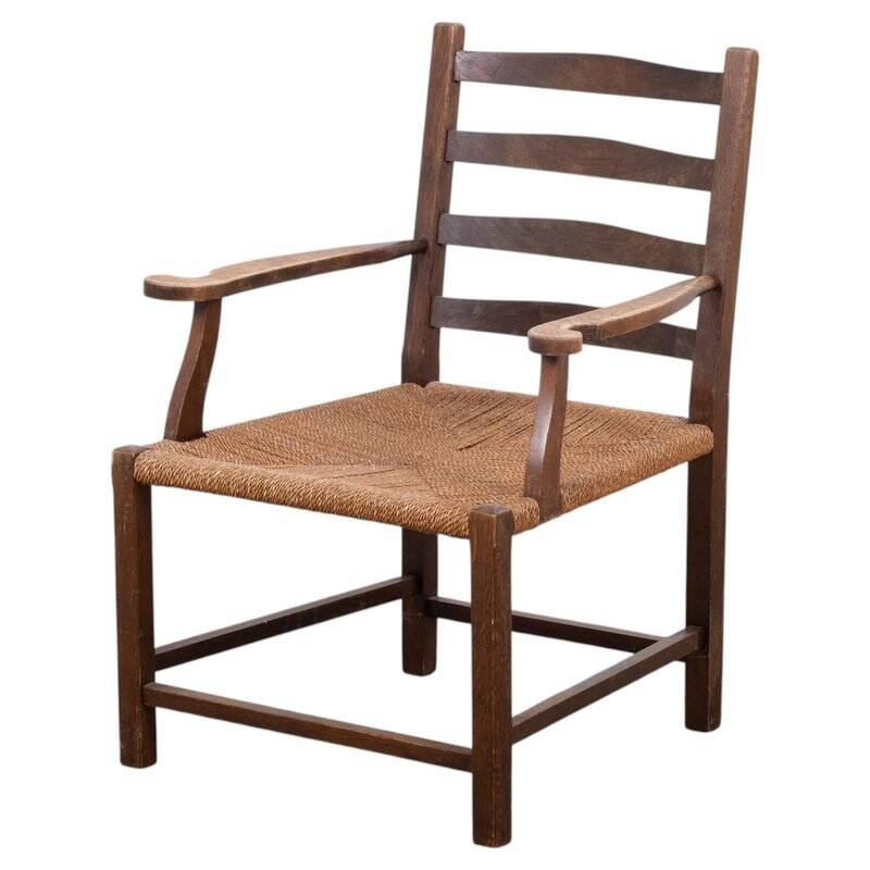 Danish Stained Oak Armchair with Cane and Spindle Back, 1940s