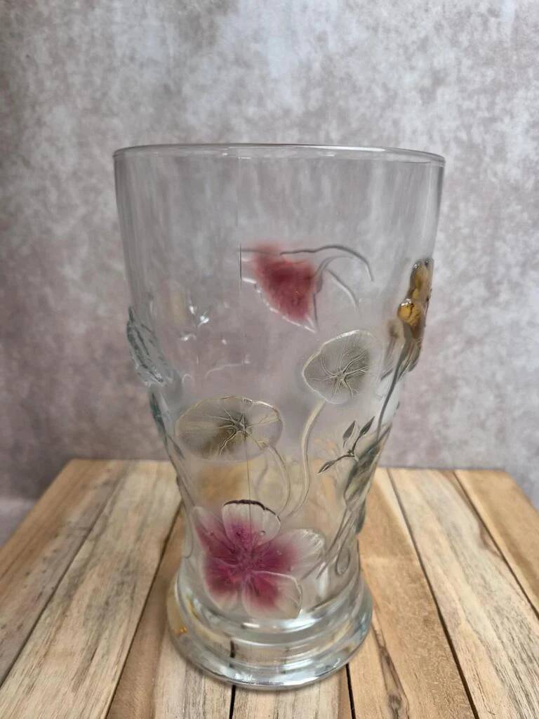 Vintage pressed glass vase – colourful floral decoration – France