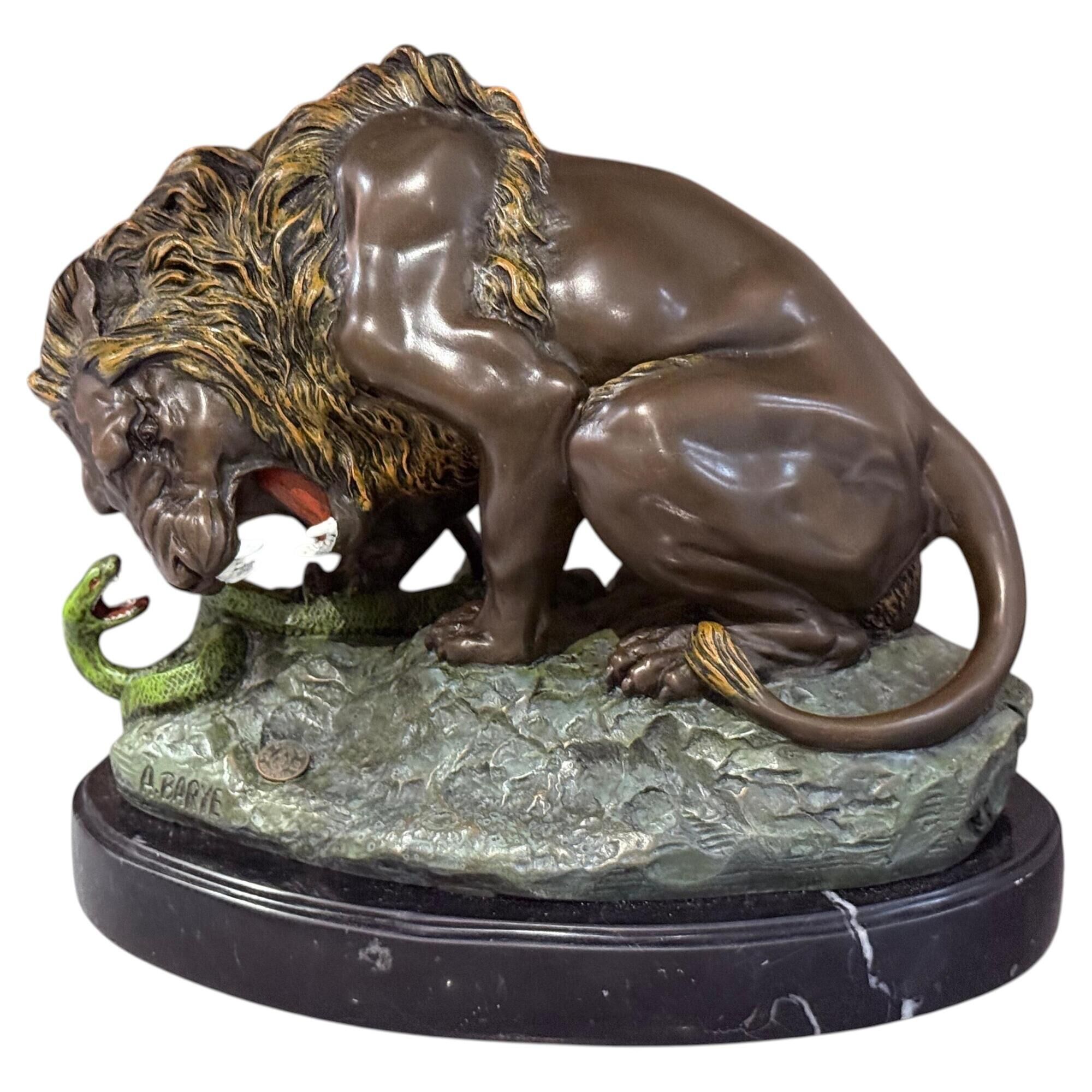 Antique Cold-Painted Bronze Lion Fighting a Snake, After Antoine-Louis Barye