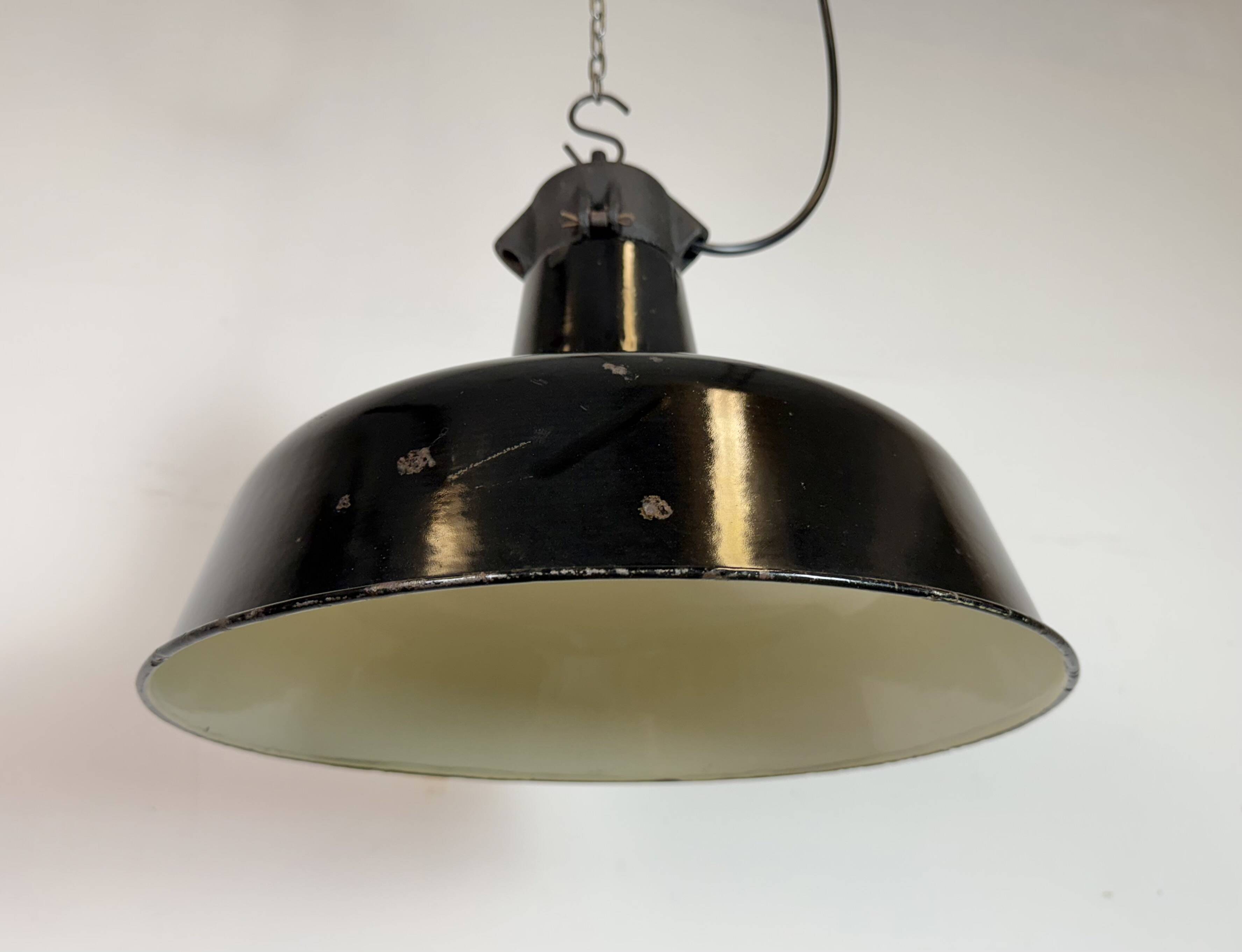 Industrial Black Enamel Factory Lamp with Cast Iron Top, 1950s