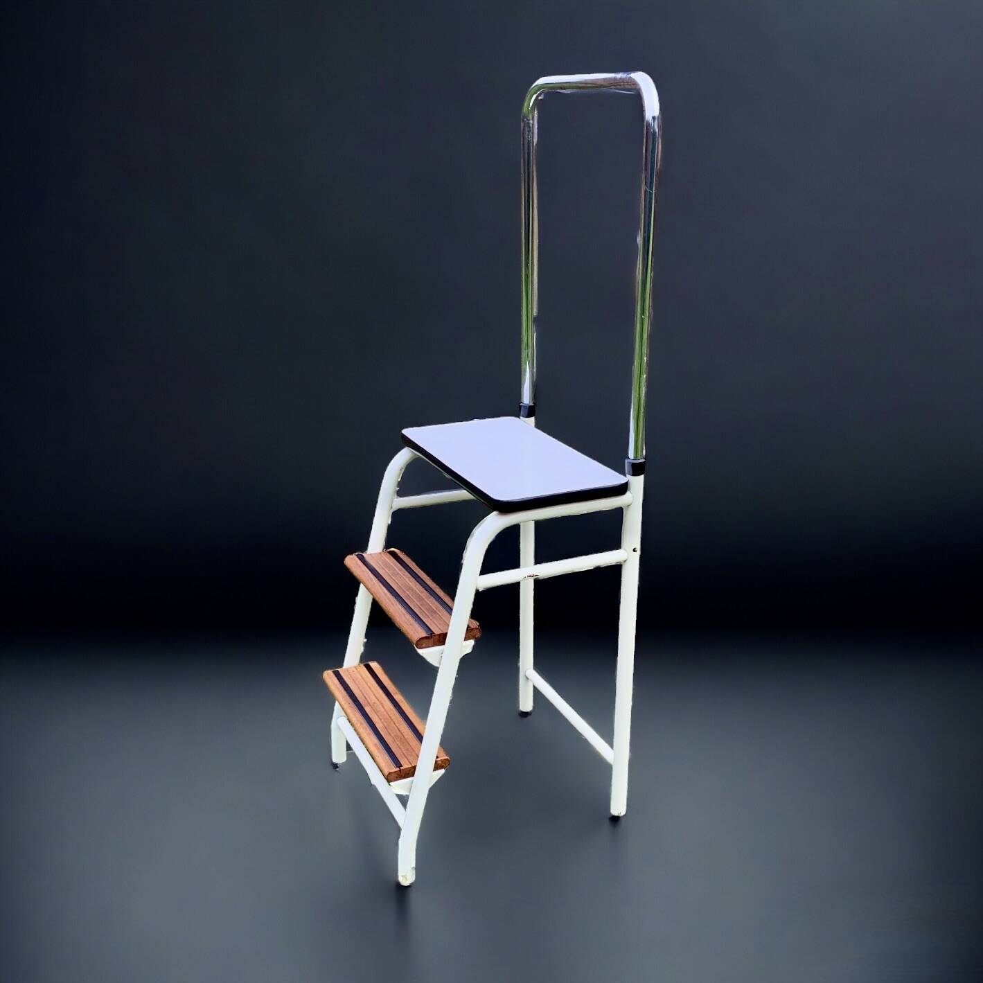 Vintage stepladder in Formica, wood and chromed metal