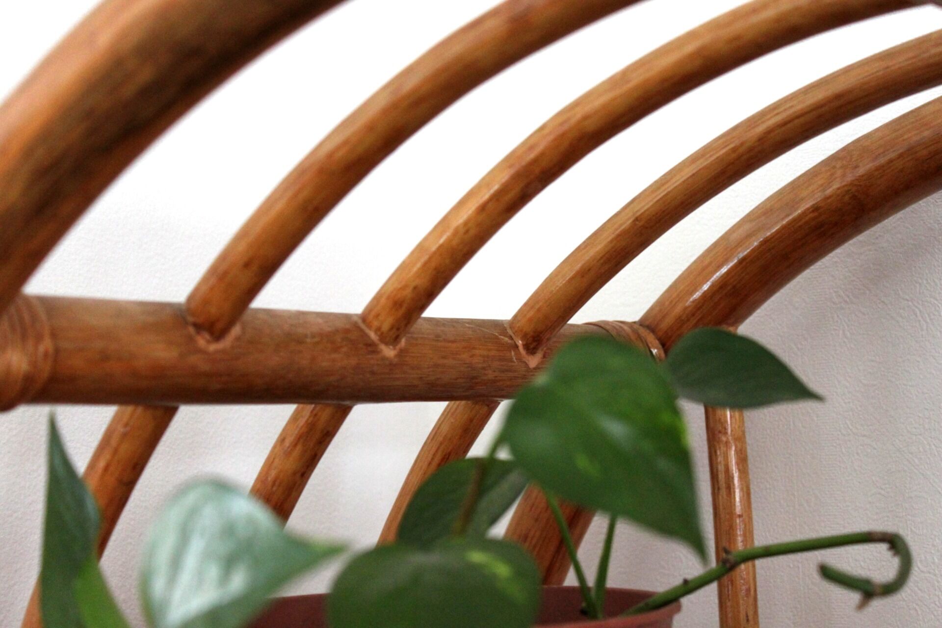 Woven rattan and bent bamboo arched bookcase display high wall cabinet.