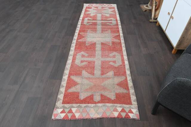 1970s Turkish Oushak Handmade Wool Cotton Red Runner Rug 90x304