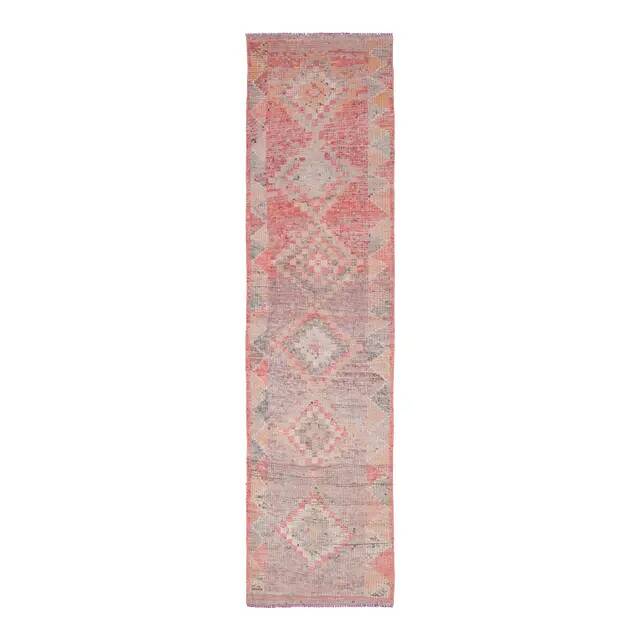 1970s Turkish Oushak Handmade Wool Cotton Pink Runner Rug 78x345