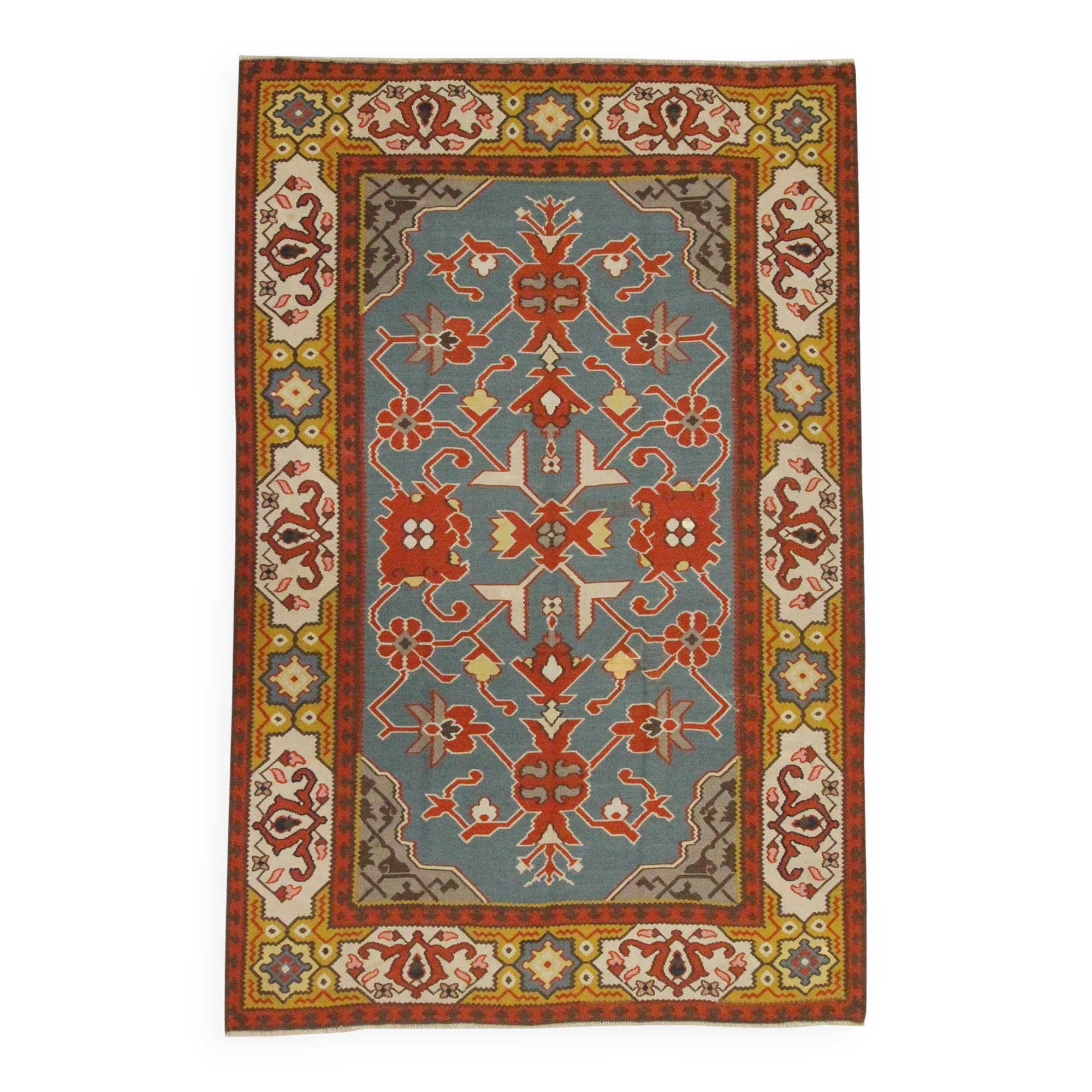 Tapis Kilim anatolien ancien, tapis tissé plat à motifs floraux turquoise, 133 x 200 cm